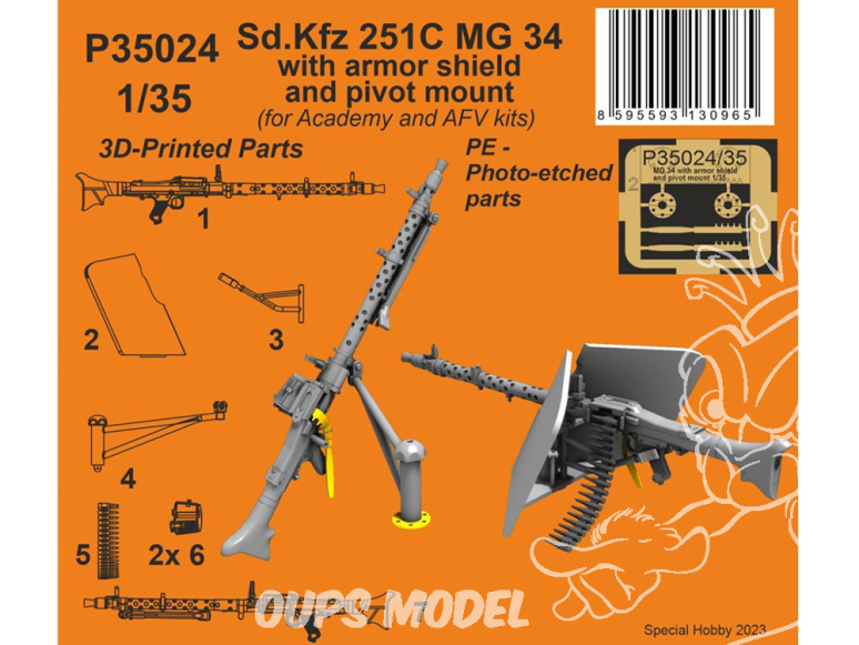 Special Hobby 3D Print militaire P35024 Sd.Kfz 251C MG 34 avec bouclier blindé et support pivotant 1/35