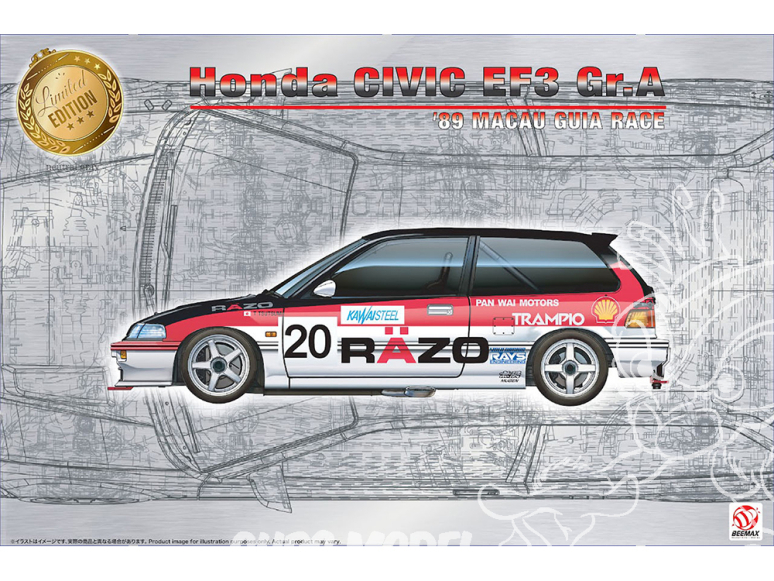 Beemax maquette voiture B24032 Honda Civic EF3 Gr.A '89 MACAU GUIA RACE 1/24 Edition Limitée