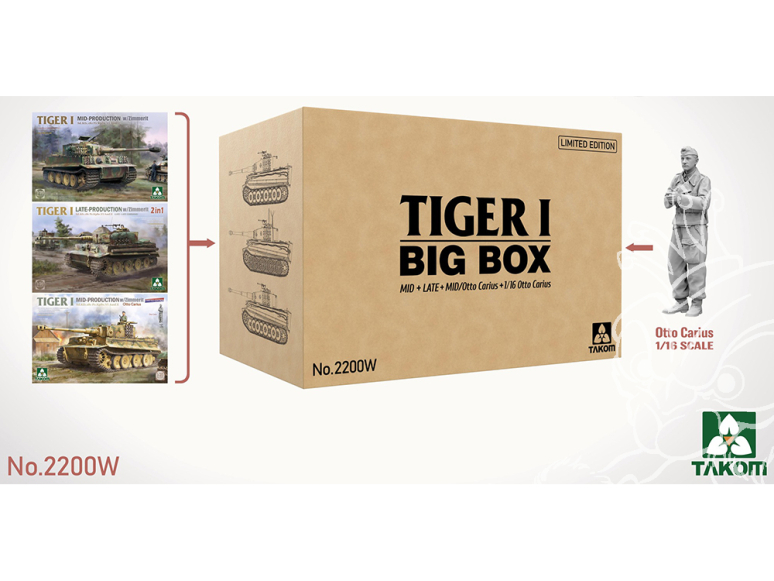 Takom maquette militaire 2200W Tigre I BIG BOX Mid + Late + Mid / Otto Carius 1/35 + Figurine Otto Carius 1/16 Edition Limitée