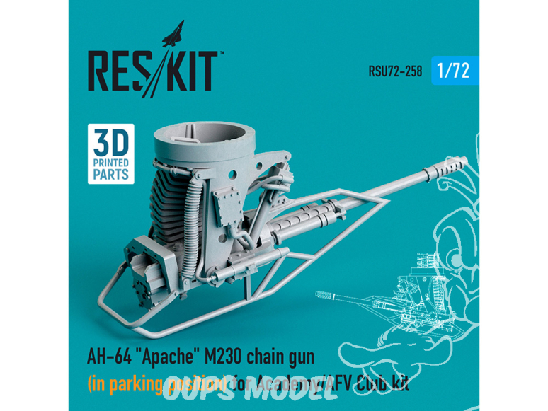 ResKit RSU72-0258 Mitraileuse à chaîne M230 en position stationnement AH-64 Apache pour kit Academy AFV Club imprimé 3D 1/72