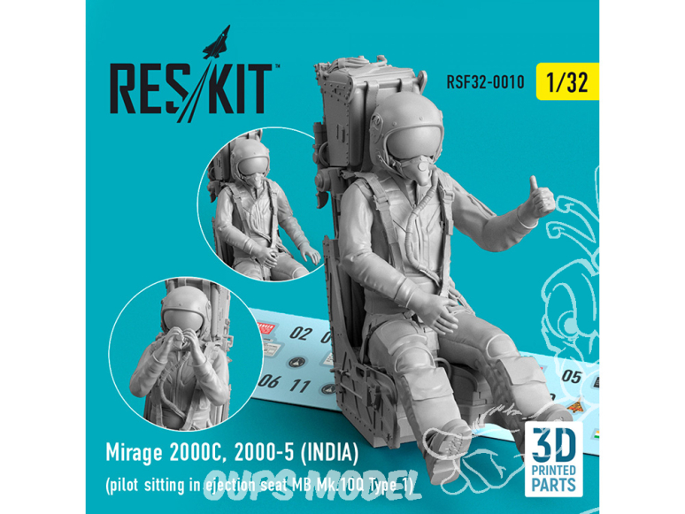 ResKit kit Figurine RSF32-0010 Pilote de Mirage 2000C 2000-5 INDE assis dans siège éjectable MB Mk.10Q Type 1 1/32