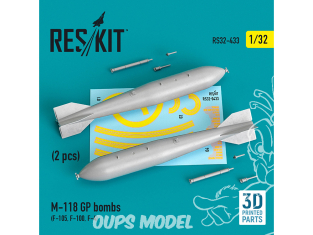 ResKit kit armement Avion RS32-0433 Bombes M-118 GP (2 pcs) (F-105, F-100, F-4) imprimé en 3D 1/32