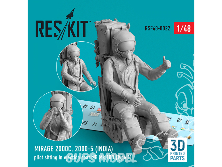 ResKit Figurine RSF48-0022 Pilote de Mirage 2000C, 2000-5 (INDE) assis dans un siège éjectable MB Mk.10Q (Type 1) 1/48