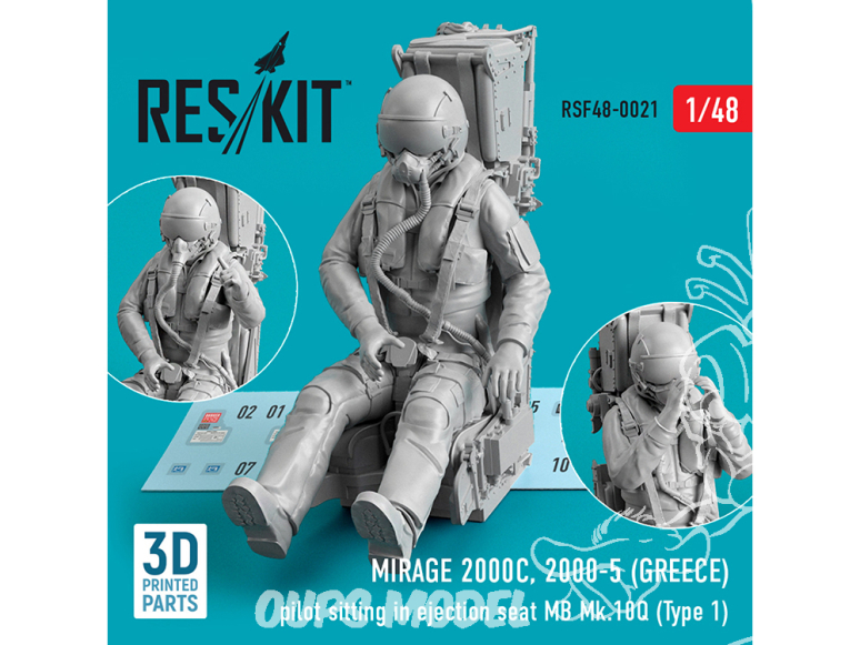 ResKit Figurine RSF48-0021 Pilote de Mirage 2000C, 2000-5 (GRÈCE) assis dans un siège éjectable MB Mk.10Q (Type 1) 1/48