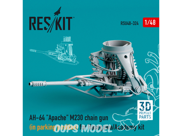 ResKit RSU48-0324 Mitraileuse à chaîne M230 en position stationnement AH-64 Apache pour kit Academy AFV Club imprimé 3D 1/48