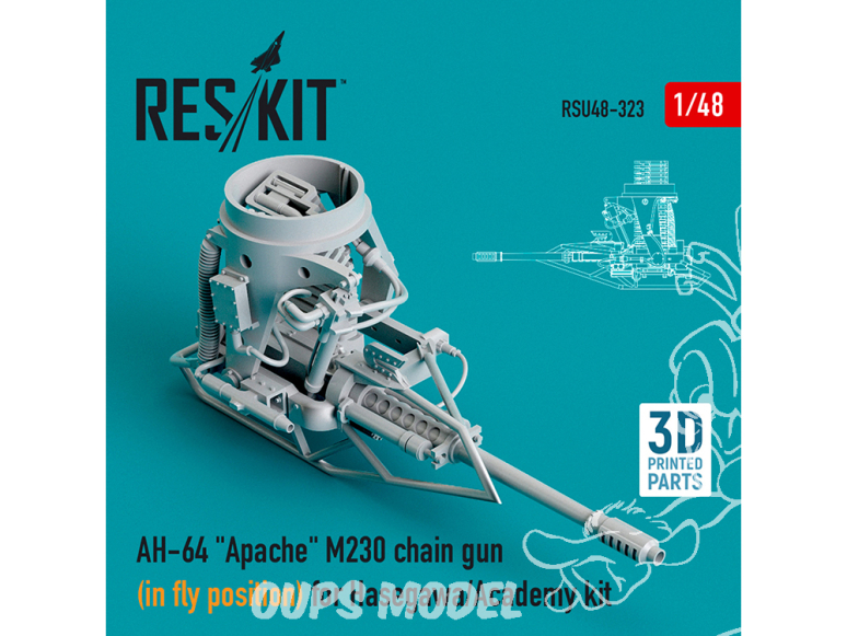 ResKit RSU48-0323 Mitraileuse à chaîne M230 en position Vol AH-64 Apache pour kit Academy AFV Club imprimé 3D 1/48