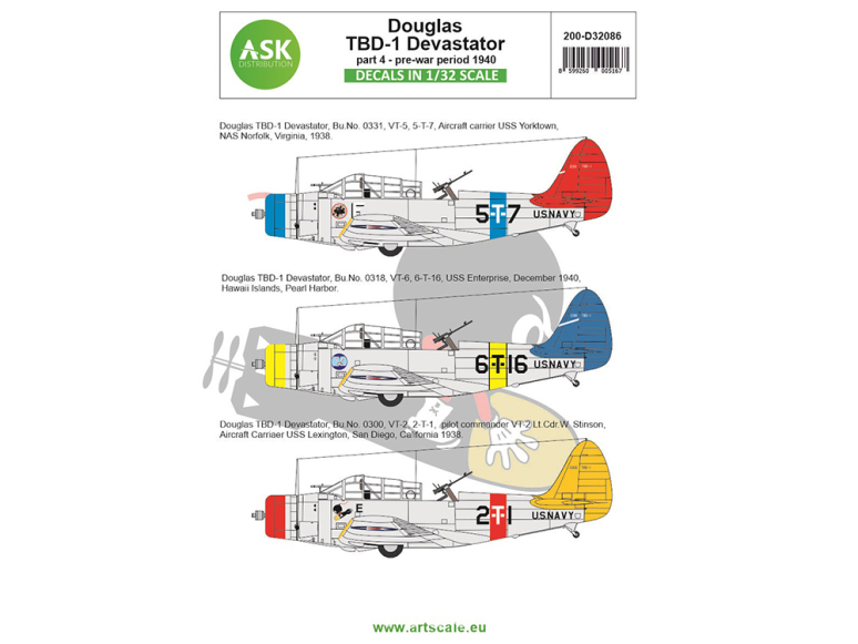 ASK Art Scale Kit Décalcomanies D32086 Douglas TBD-1 Devastator - Partie 4 - Pre-war period 1940 1/32