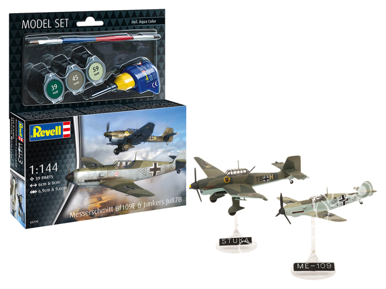 Revell maquette avion 63770 Model Set Messerschmitt Bf109E - Junkers Ju87B Stuka avec accessoires de base 1/144