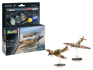 Revell maquette avion 63771 Model Set Supermarine Spitfire Mk.Ia Hawker Hurricane Mk.I avec accessoires de base 1/144