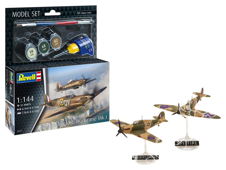Revell maquette avion 63771 Model Set Supermarine Spitfire Mk.Ia Hawker Hurricane Mk.I avec accessoires de base 1/144