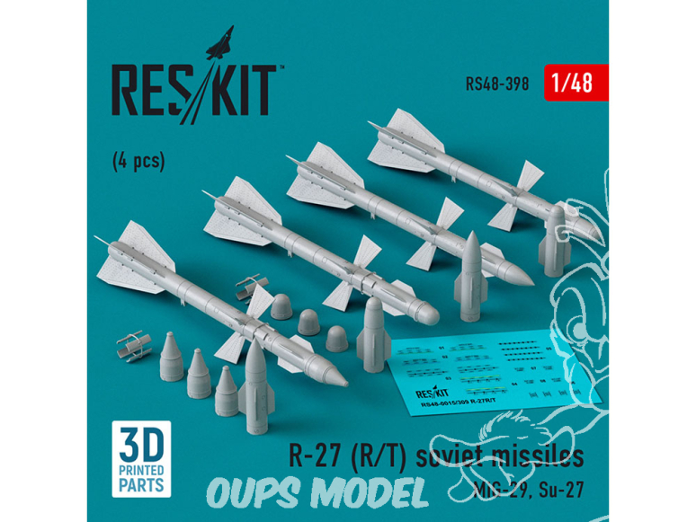 ResKit kit armement Avion RS48-0398 Missiles R-27 (R/T) 4 pièces imprimées en 3D 1/48