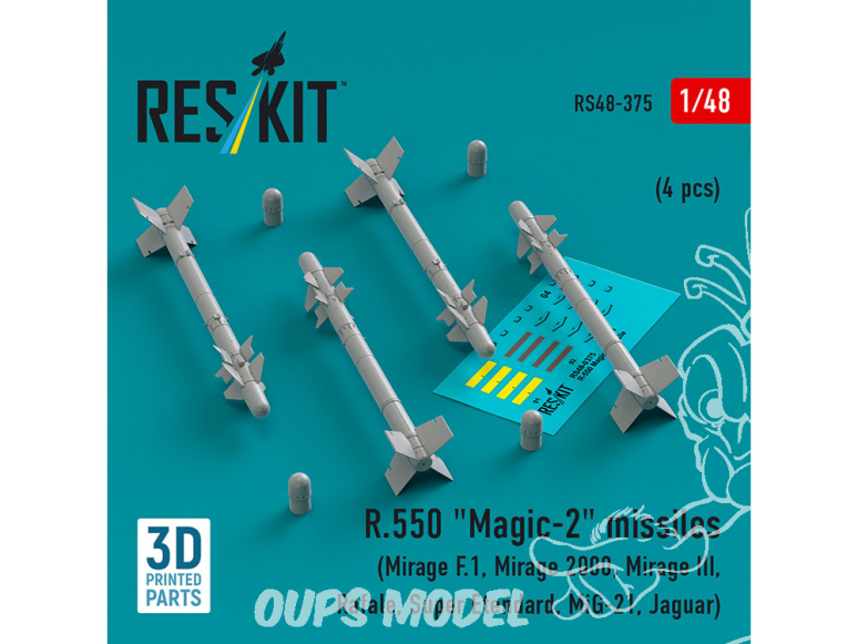 ResKit kit armement Avion RS48-0375 Matra R550 Magic II MISSILES 4 PIÈCES IMPRIMÉES EN 3D 1/48