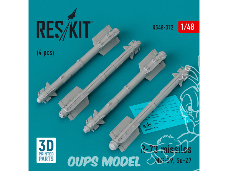 ResKit kit armement Avion RS48-0372 Missiles R-73 4 pièces imprimés en 3D 1/48