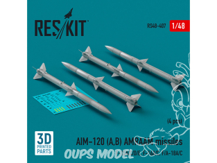 ResKit kit armement Avion RS48-0407 Missiles AIM-120 (A, B) AMRAAM 4 pièces imprimés en 3D 1/48