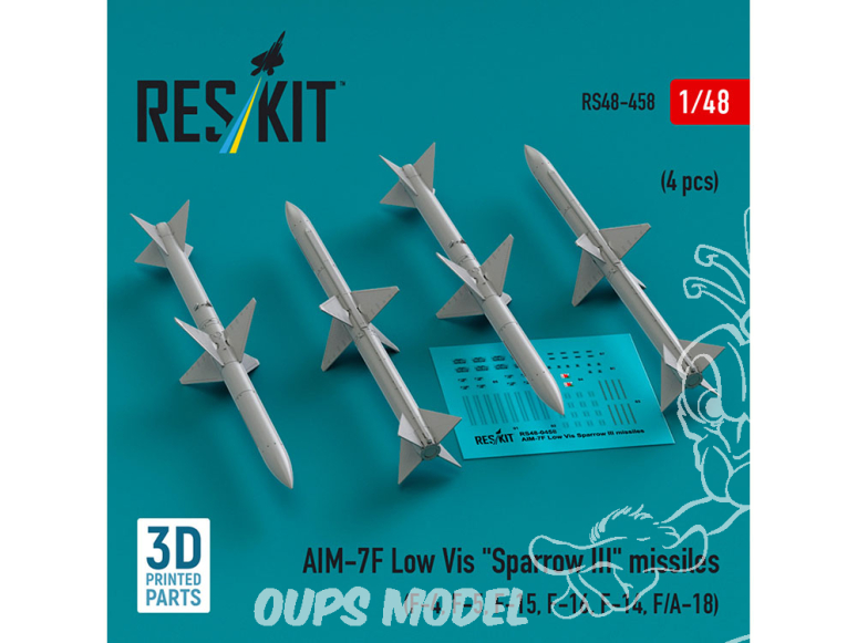 ResKit kit armement Avion RS48-0458 Missiles AIM-7F à faible visibilité « SPARROW III » 4 pièces imprimées en 3D 1/48