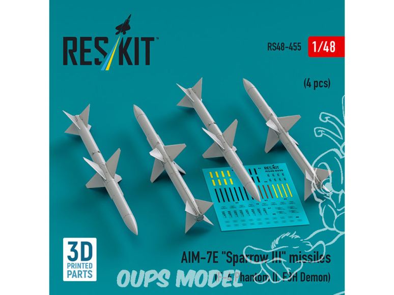 ResKit kit armement Avion RS48-0455 Missiles AIM-7E « SPARROW III » 4 pièces imprimées en 3D 1/48