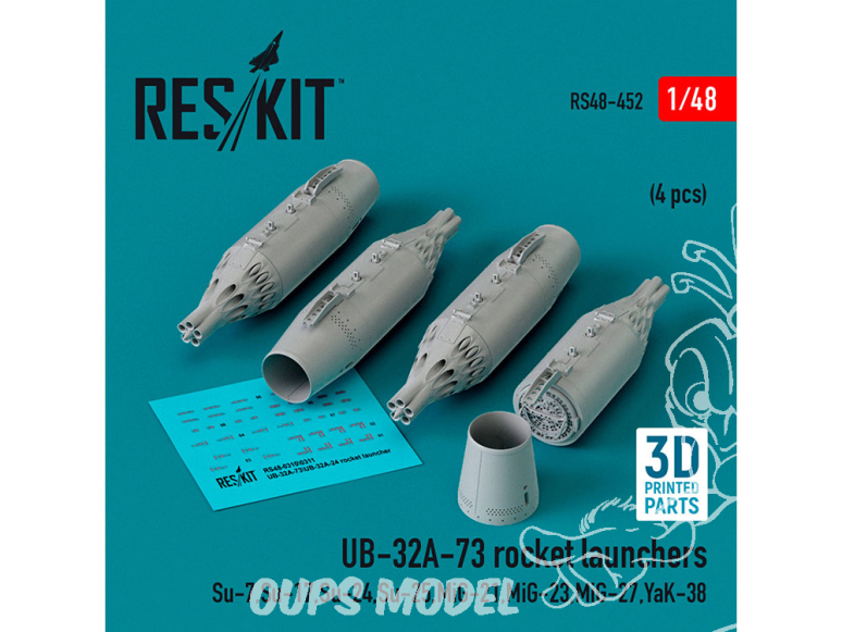 ResKit kit armement Avion RS48-0452 LANCE-ROQUETTES UB-32A-73 4 PIÈCES IMPRIMÉES EN 3D 1/48