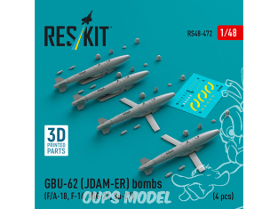 ResKit kit armement Avion RS48-0472 Bombes GBU-62 (JDAM-ER) 4 pièces imprimées en 3D 1/48