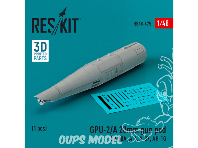 ResKit kit armement Avion RS48-0475 GPU-2/A 20MM GUN POD 1 PCS IMPRIMÉ EN 3D 1/48