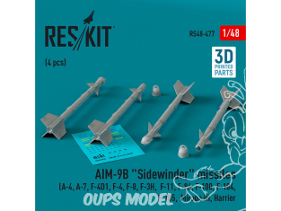 ResKit kit armement Avion RS48-0477 Missiles AIM-9B « SIDEWINDER » 4 pièces imprimées en 3D 1/48