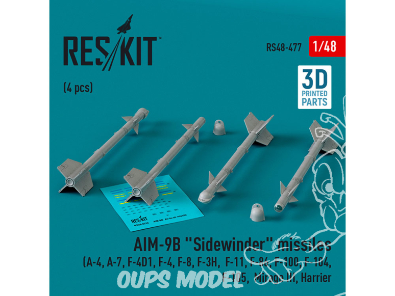 ResKit kit armement Avion RS48-0477 Missiles AIM-9B « SIDEWINDER » 4 pièces imprimées en 3D 1/48