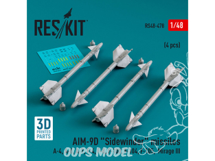 ResKit kit armement Avion RS48-0478 Missiles AIM-9D « SIDEWINDER » 4 pièces imprimés en 3D 1/48