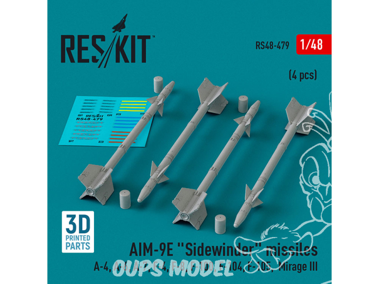 ResKit kit armement Avion RS48-0479 Missiles AIM-9E « SIDEWINDER » 4 pièces imprimés en 3D 1/48