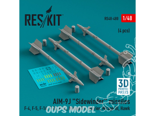 ResKit kit armement Avion RS48-0480 Missiles AIM-9J « SIDEWINDER » 4 pièces imprimées en 3D 1/48