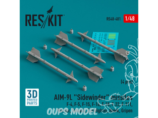 ResKit kit armement Avion RS48-0481 Missiles AIM-9L « SIDEWINDER » 4 pièces imprimés en 3D 1/48