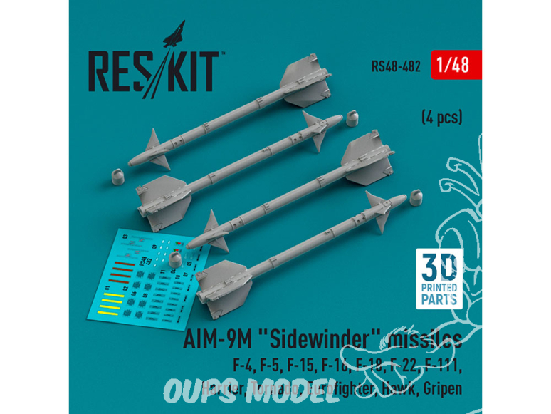ResKit kit armement Avion RS48-0482 Missiles AIM-9M « SIDEWINDER » 4 pièces imprimés en 3D 1/48