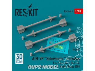 ResKit kit armement Avion RS48-0483 Missiles AIM-9P « SIDEWINDER » 4 pièces imprimées en 3D 1/48