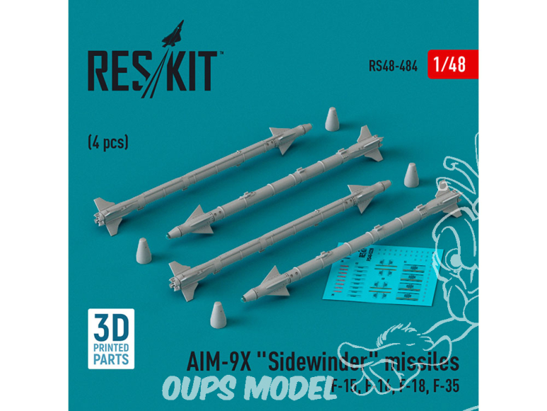 ResKit kit armement Avion RS48-0484 Missiles AIM-9X « SIDEWINDER » 4 pièces imprimés en 3D 1/48