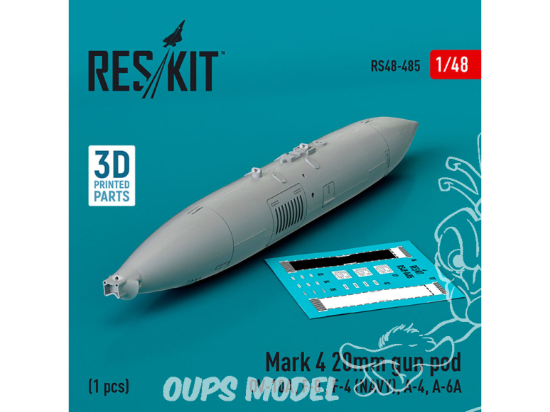 ResKit kit armement Avion RS48-0485 MARK 4 20MM GUN POD 1 PIÈCE IMPRIMÉE EN 3D 1/48
