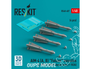 ResKit kit armement Avion RS48-0487 Missiles AIM-4 (A, B) « FALCON » 4 pièces imprimées en 3D 1/48