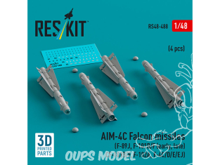 ResKit kit armement Avion RS48-0488 Missiles AIM-4C FALCON 4 pièces imprimés en 3D 1/48