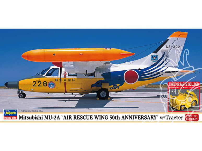 Hasegawa maquette avion 02420 Mitsubishi MU-2A Rescue Wing 50th Anniversary avec tracteur de piste 1/72