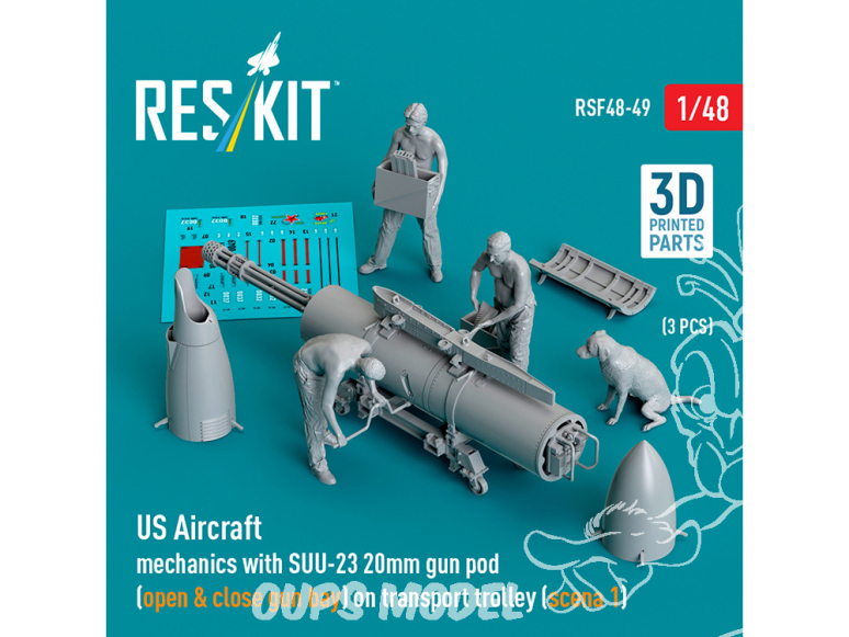 ResKit Figurine RSF48-0049 Mécaniciens d'avions américains avec nacelle de canon Suu-23 de 20 mm imprimées en 3D 1/48