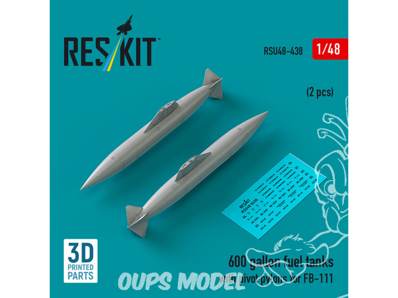 ResKit avion RSU48-0438 Réservoirs de carburant 600 gallons avec pylônes pivotants pour FB-111 2pièces imprimées en 3D 1/48