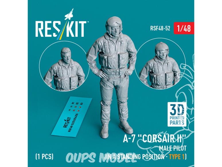 ResKit avion RSF48-0052 Pilote masculin d'A-7 Corsair II en position debout type 1 1p imprimé en 3D 1/48
