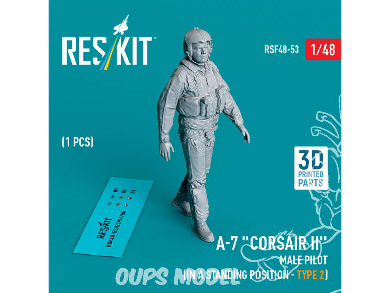 ResKit avion RSF48-0053 Pilote masculin d'A-7 Corsair II en position debout type 2 1p imprimé en 3D 1/48