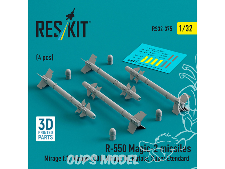 ResKit kit armement Avion RS32-0375 Matra R550 Magic II MISSILES 4 PIÈCES IMPRIMÉES EN 3D 1/32