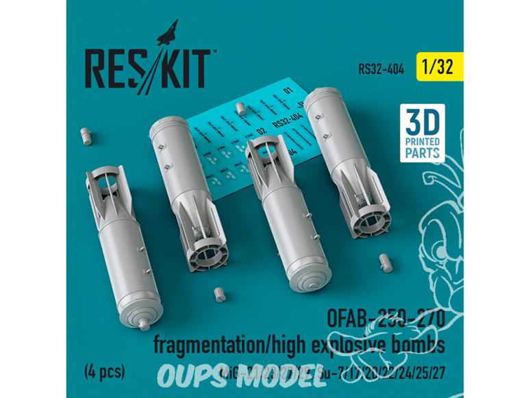 ResKit kit armement Avion RS32-0404 Bombes explosives OFAB-250-270 à fragmentation 4 pièces imprimées en 3D 1/32