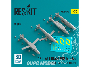 ResKit kit armement Avion RS32-0472 Bombes GBU-62 (JDAM-ER) 4 pièces imprimées en 3D 1/32