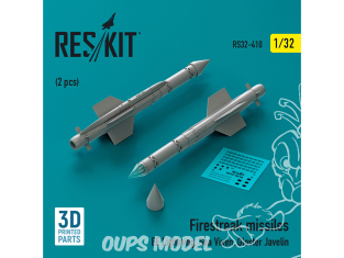 ResKit kit armement Avion RS32-0410 Missiles Firestreak 2 pièces imprimés en 3D 1/32