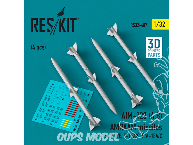 ResKit kit armement Avion RS32-0407 Missiles AIM-120 (A, B) AMRAAM 4 pièces imprimés en 3D 1/32
