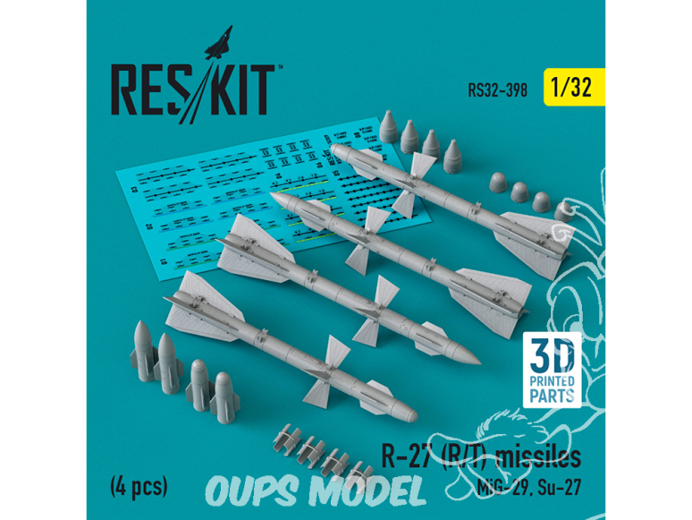 ResKit kit armement Avion RS32-0398 Missiles R-27 (R/T) 4 pièces imprimées en 3D 1/32