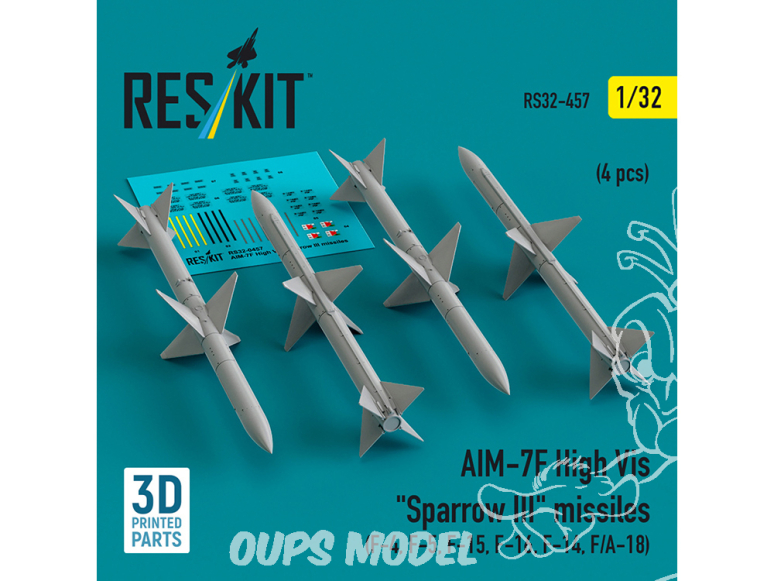 ResKit kit armement Avion RS32-0457 Missiles AIM-7F haute visibilité « SPARROW III » 4 pièces imprimées en 3D 1/32