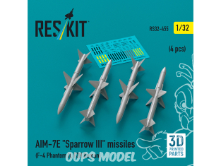 ResKit kit armement Avion RS32-0455 Missiles AIM-7E « SPARROW III » 4 pièces imprimées en 3D 1/32