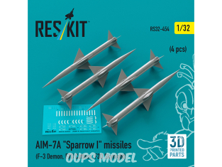 ResKit kit armement Avion RS32-0454 Missiles AIM-7A « SPARROW I » 4 pièces (imprimés en 3D) 1/32