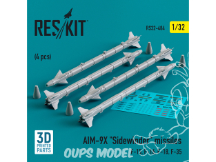 ResKit kit armement Avion RS32-0484 Missiles AIM-9X « SIDEWINDER » 4 pièces imprimés en 3D 1/32
